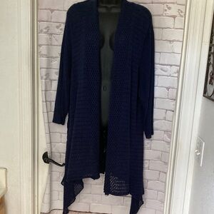 Navy Open-Front Long Knit Cardigan Sweater - Women